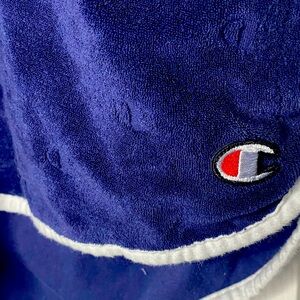 Champion terry cloth romper. Dark blue with red white stripe & gold hardware.
